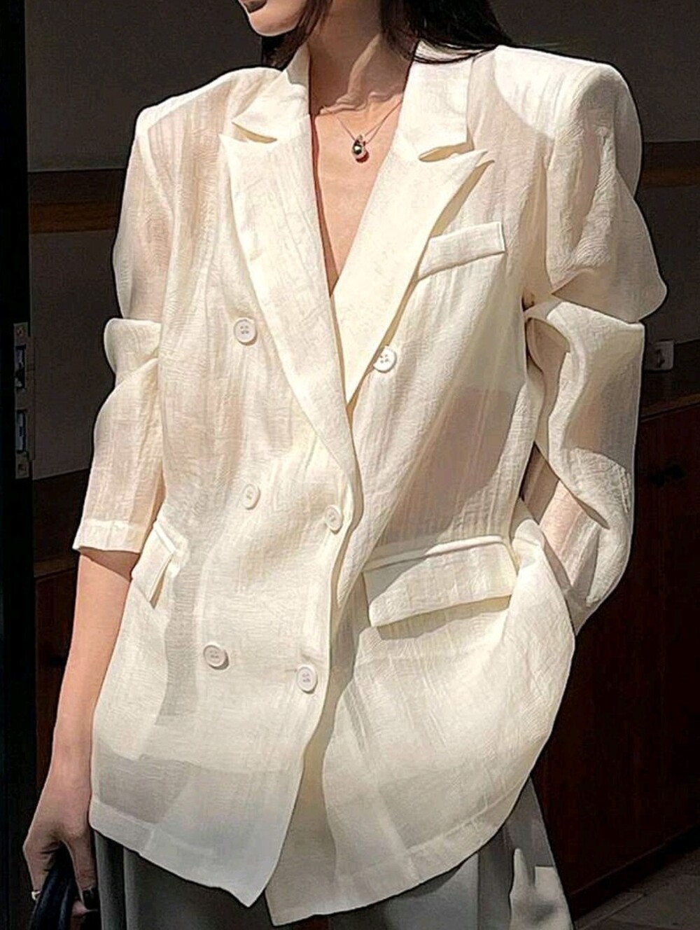 Women's Plain Front Button Closure Long Sleeve Pocket Casual Blazer Jacket